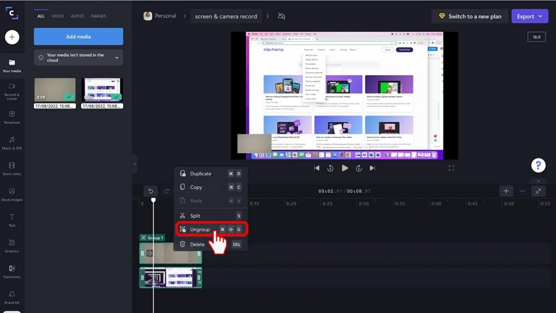 ビデオのグループを解除する | Clipchamp スクリーン レコーダー