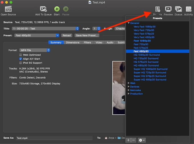 HandBrake の使用手順 2 | ビデオを圧縮する QuickTime