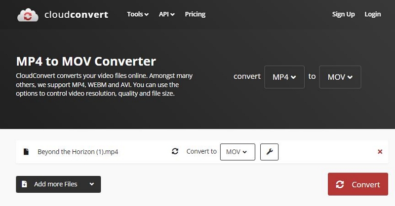 CloudConvert のステップ 2 | mp4 を mov に変換する