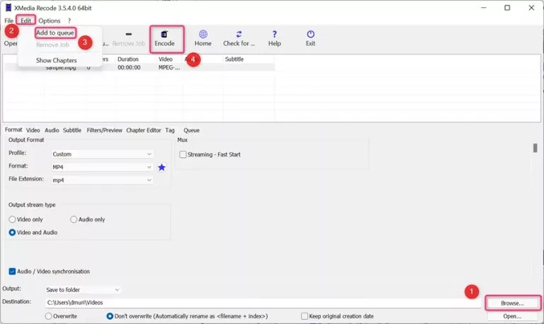 XMedia Recode によるステップ 3 | mpg から mp4 へ