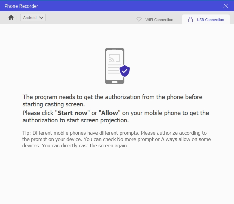 Android画面をキャストするための承認を得る