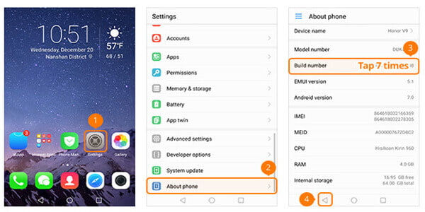 HUAWEI Phone ステップ 1 | USB デバッグ モードを有効にする
