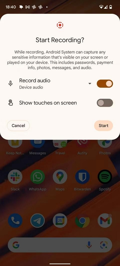 組み込みのスクリーン レコーダーを使用する手順 2 | YouTube Android からオーディオを録音する