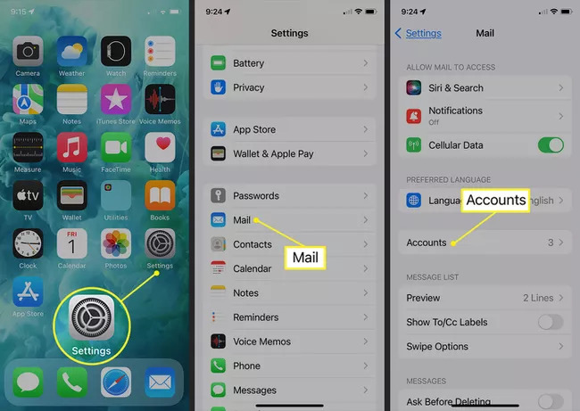 メールアカウント設定を確認する手順 1 | バックアップなしで iPhone から削除されたメモを復元する方法