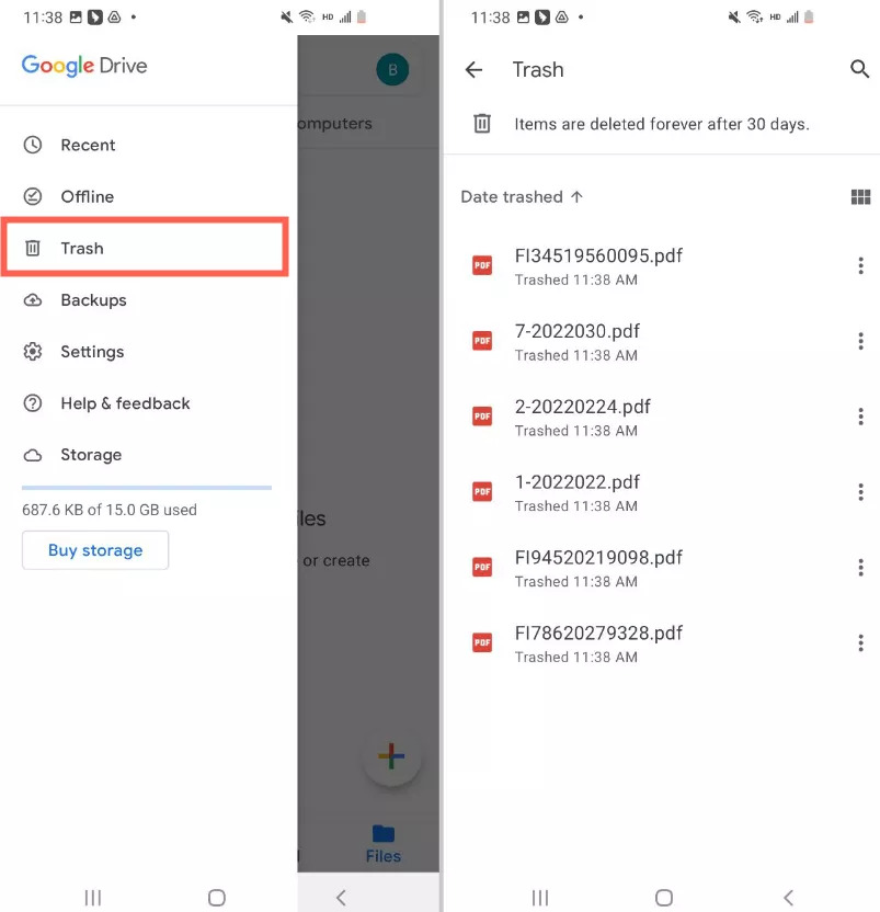 Google Drive ゴミ箱経由 | Android で削除された PDF ファイルを復元する方法