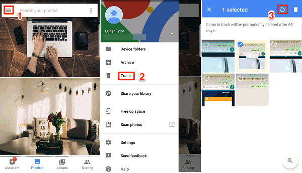 Google フォトを使用する | 削除した写真を復元する Android