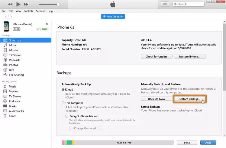 iTunes 経由 ステップ 2 | iPhone で Gmail の連絡先を復元する