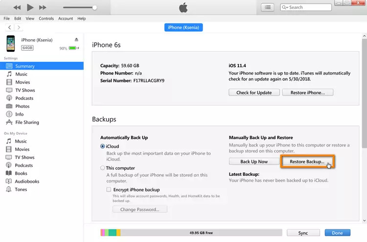 ステップ 2 iTunes で Snapchat メッセージを取得する | iPhone で Snapchat メッセージを復元する