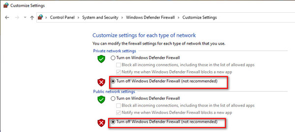 Windows Defender ファイアウォールをオフにする
