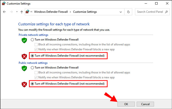 Windows Defenderファイアウォールをオフにする