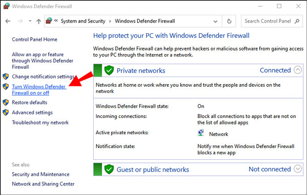 Windows Defender ファイアウォールをオンまたはオフにする