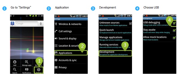 Android バージョン 2.3 より前 | USB デバッグ モードを有効にする